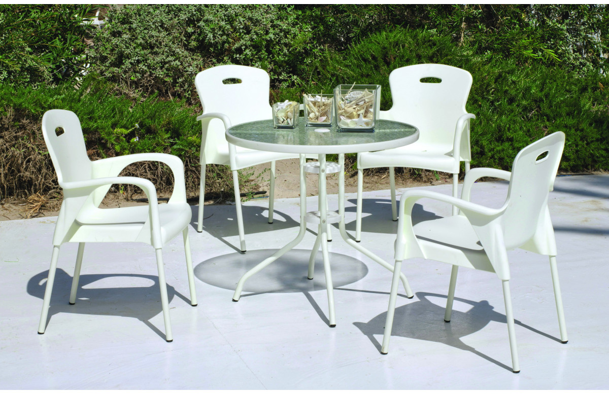 Ensemble table et fauteuils de jardin ALMERA 4 personnes HEVEA en acier et résine