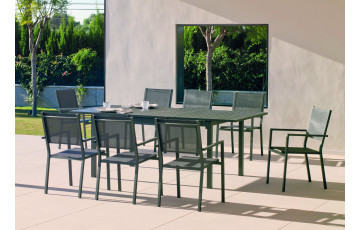 Ensemble table PALMA et fauteuils de jardin CORCEGA-3 8 personnes HEVEA en aluminium et textilène