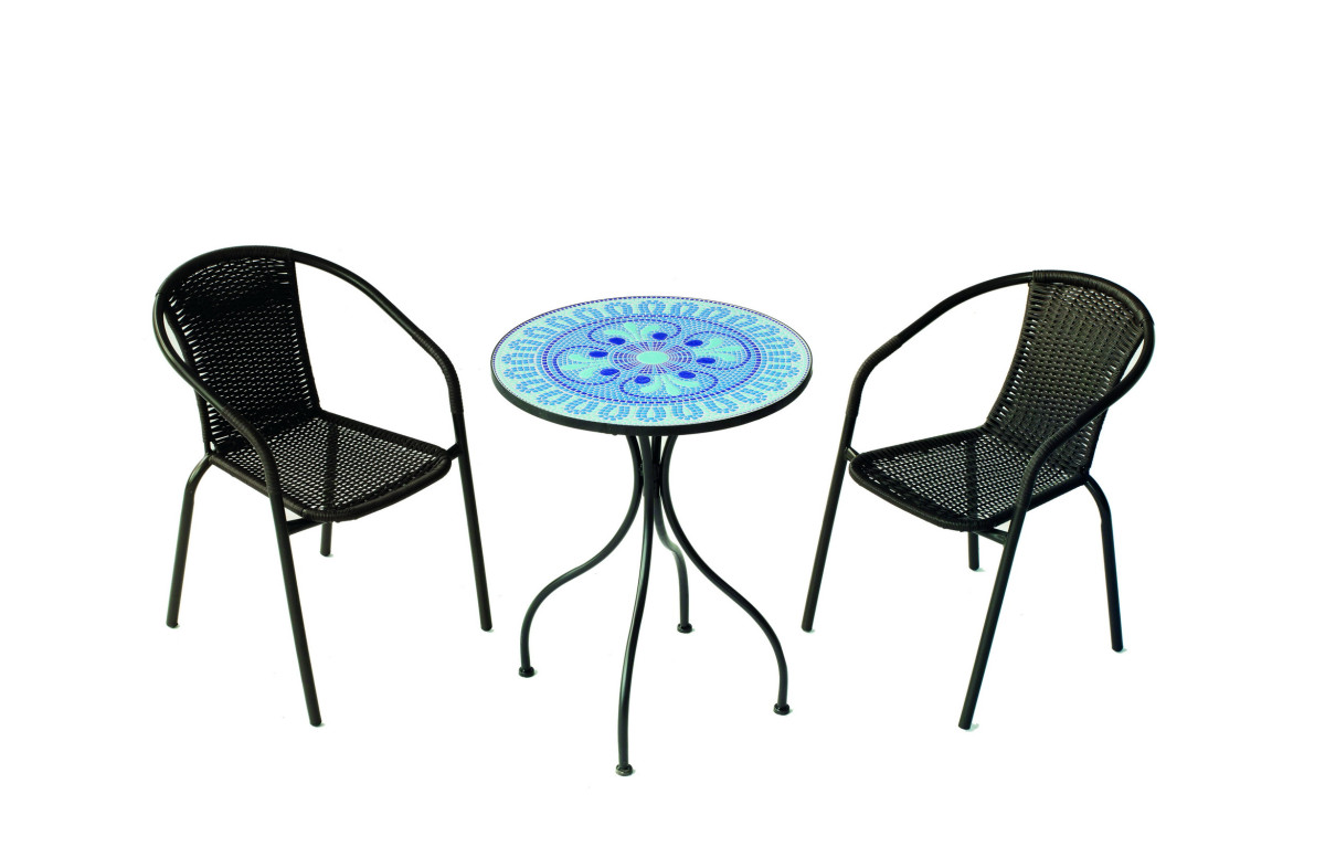 Ensemble table BERNA et fauteuils de jardin SANTANA 2 personnes HEVEA en acier et résine tressée