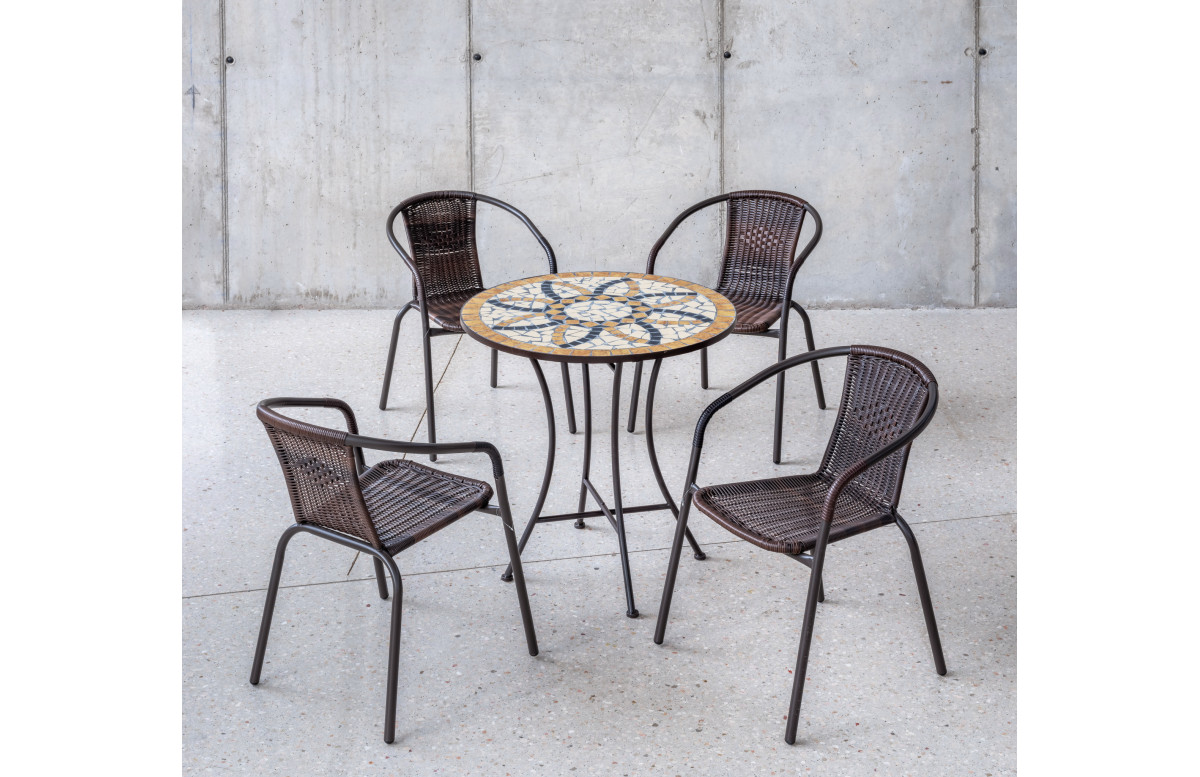 Ensemble table BORA et fauteuils de jardin BRASIL 4 personnes HEVEA en acier et résine tressée