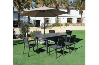 Ensemble table PALMA et fauteuils SION-2 6 personnes en aluminium et HPL avec parasol VIENA HEVEA