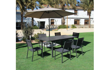 Ensemble table PALMA et fauteuils SION-2 6 personnes en aluminium et HPL avec parasol VIENA HEVEA