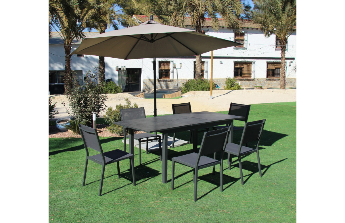 Ensemble table PALMA et fauteuils SION-2 6 personnes en aluminium et HPL avec parasol VIENA HEVEA