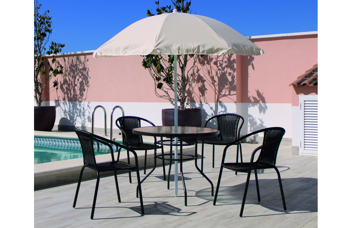 Ensemble table SULAM et fauteuils SANTANA-3 4 personnes en acier et résine tressée avec parasol PLACENIA HEVEA