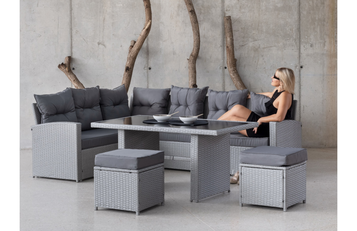 Salon de jardin VERNIS 7 à 8 personnes HEVEA en acier et résine tressée