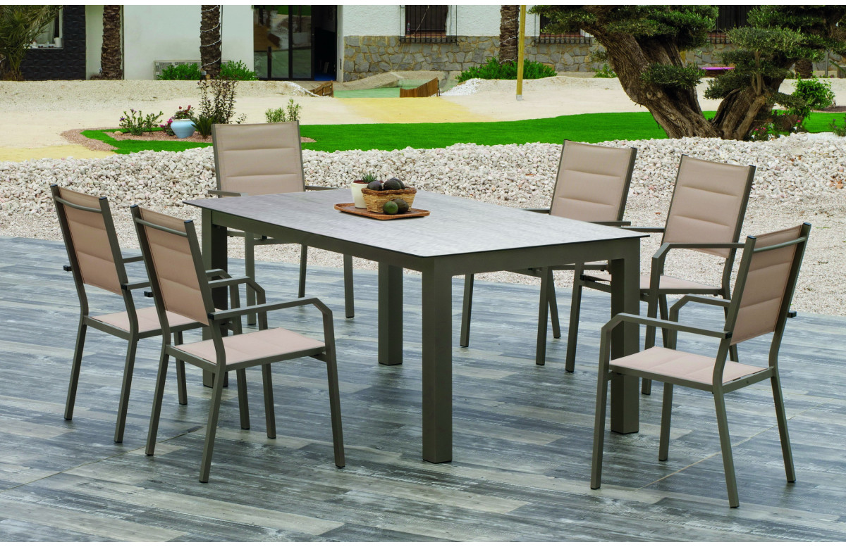 Ensemble table CAMELIA et fauteuils PRISCILA 6 personnes HEVEA en aluminium et HPL