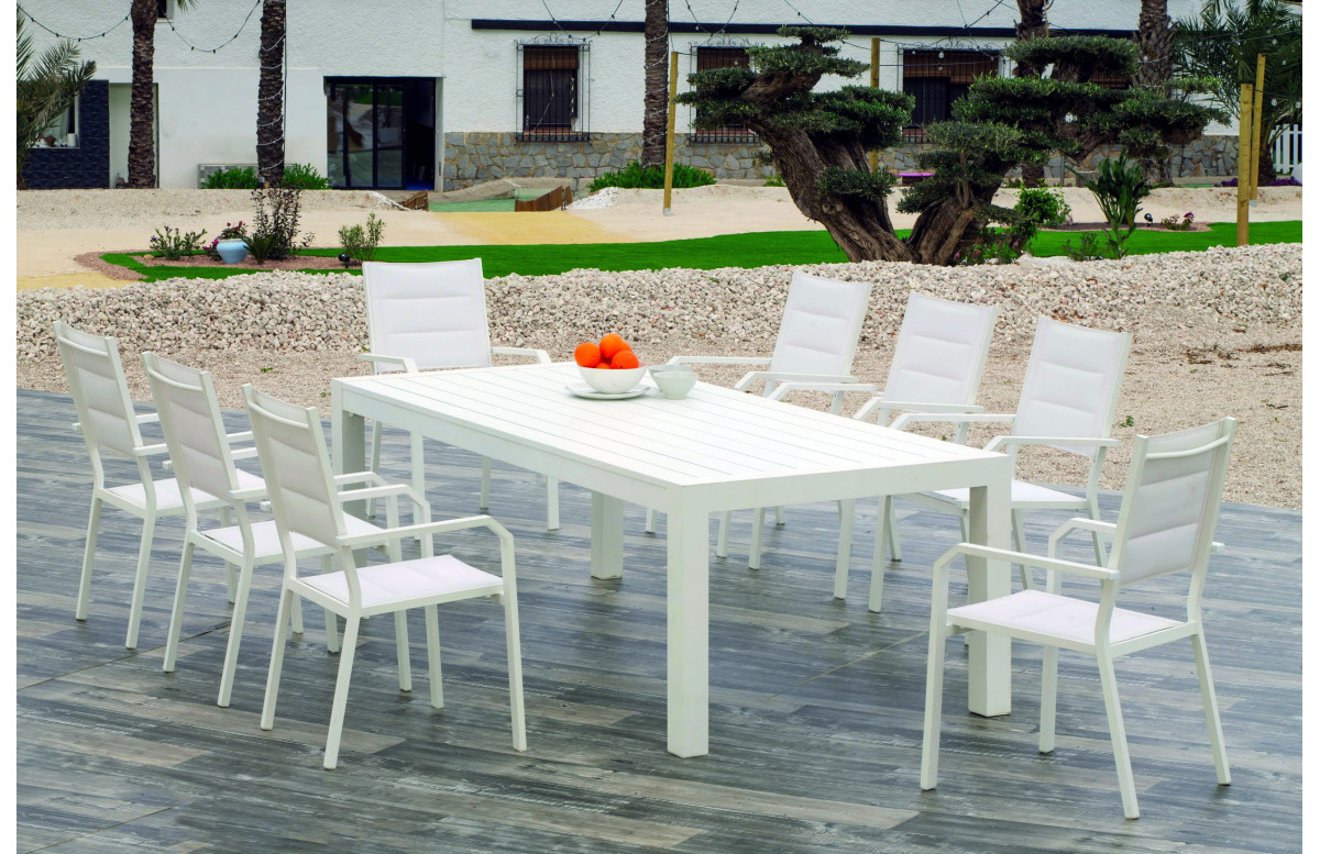 Ensemble table CAMELIA et fauteuils PRISCILA 8 personnes HEVEA en aluminium et textilène