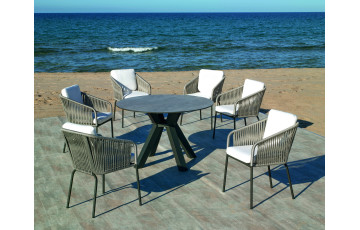 Ensemble table VALONIA et fauteuils TULIP 6 personnes HEVEA en aluminium et corde