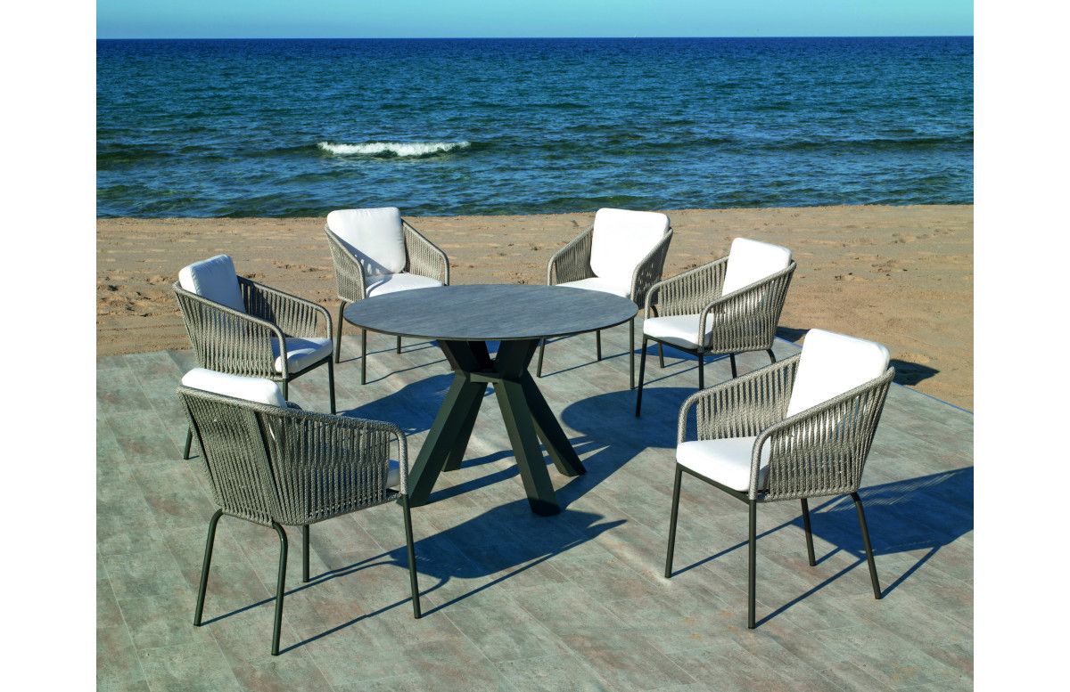 Ensemble table VALONIA et fauteuils TULIP 6 personnes HEVEA en aluminium et corde