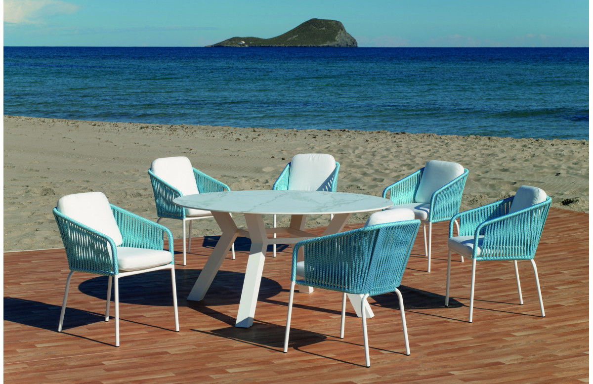 Ensemble table VENETO et fauteuils TULIP 6 personnes HEVEA en aluminium et corde