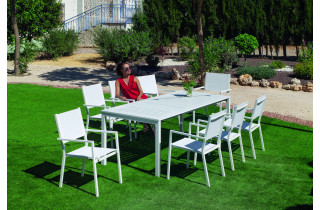 Table extensible salon de jardin SINGAPUR 150/215x90 HEVEA en aluminium