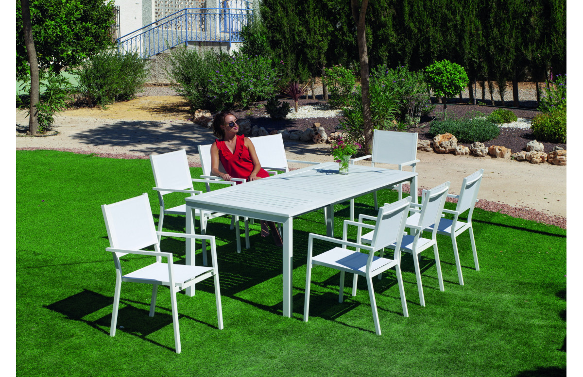 Table extensible salon de jardin SINGAPUR 150/215x90 HEVEA en aluminium