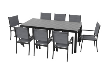 Ensemble table extensible Hanae et fauteuils de jardin Navagio en aluminium et verre anthracite 8 personnes - Essenciel Green