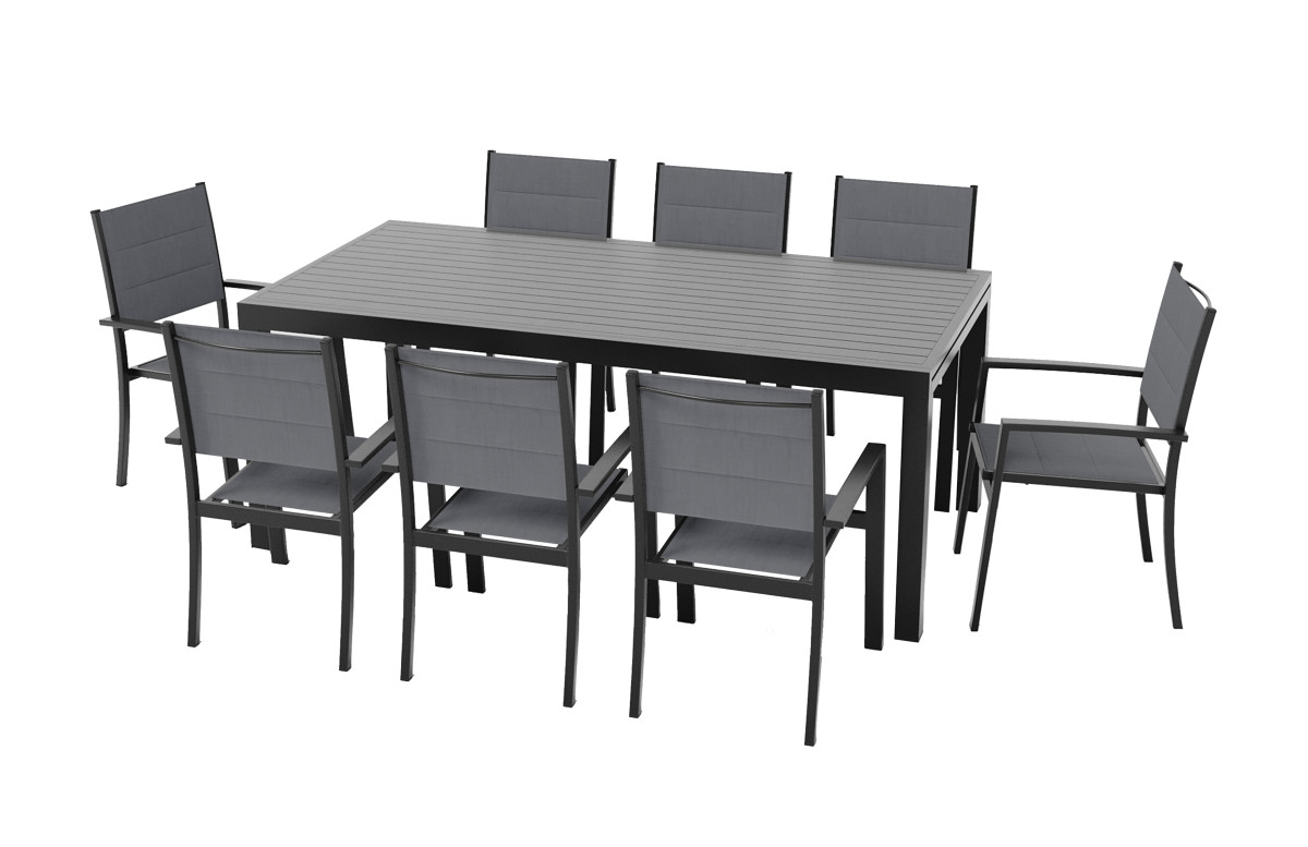 Ensemble table extensible Hanae et fauteuils de jardin Navagio en aluminium et verre anthracite 8 personnes - Essenciel Green