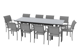 Ensemble table extensible en verre Fidji et fauteuils de jardin Lavezzi en aluminium anthracite 10 personnes - Essenciel Green
