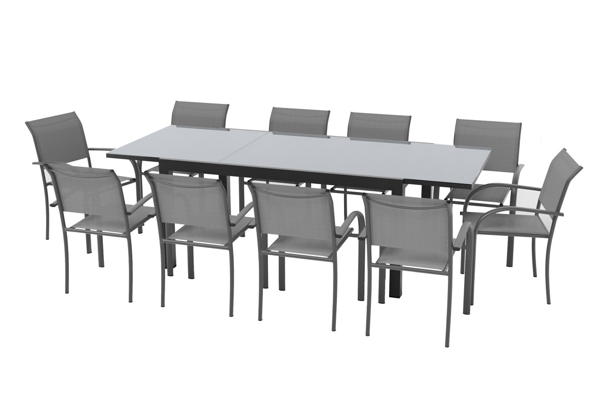 Ensemble table extensible en verre Fidji et fauteuils de jardin Lavezzi en aluminium anthracite 10 personnes - Essenciel Green