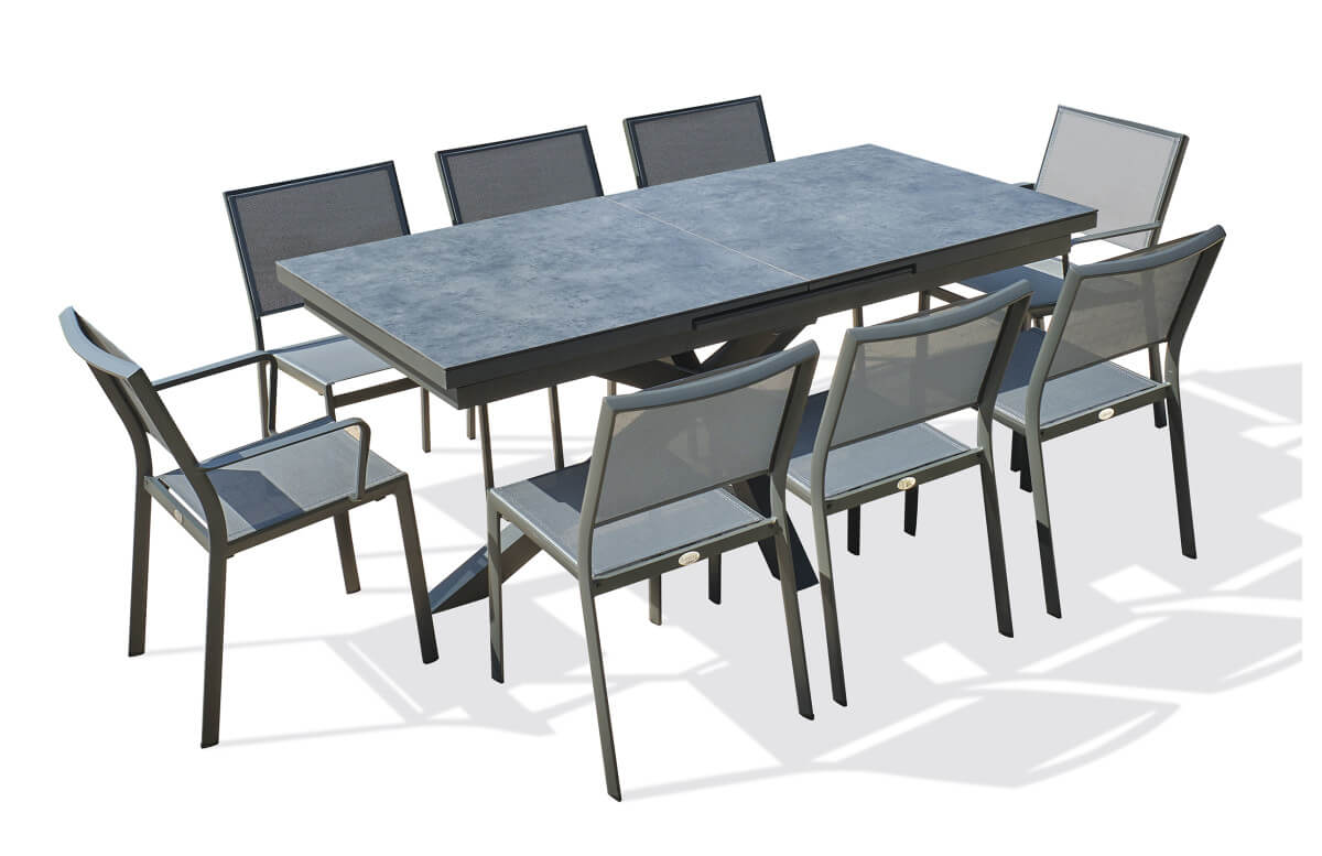 Ensemble table de jardin à rallonge automatique CAICOS  + 6 chaises + 2 fauteuils STOCKHOLM  DCB GARDEN Gris Anthracite