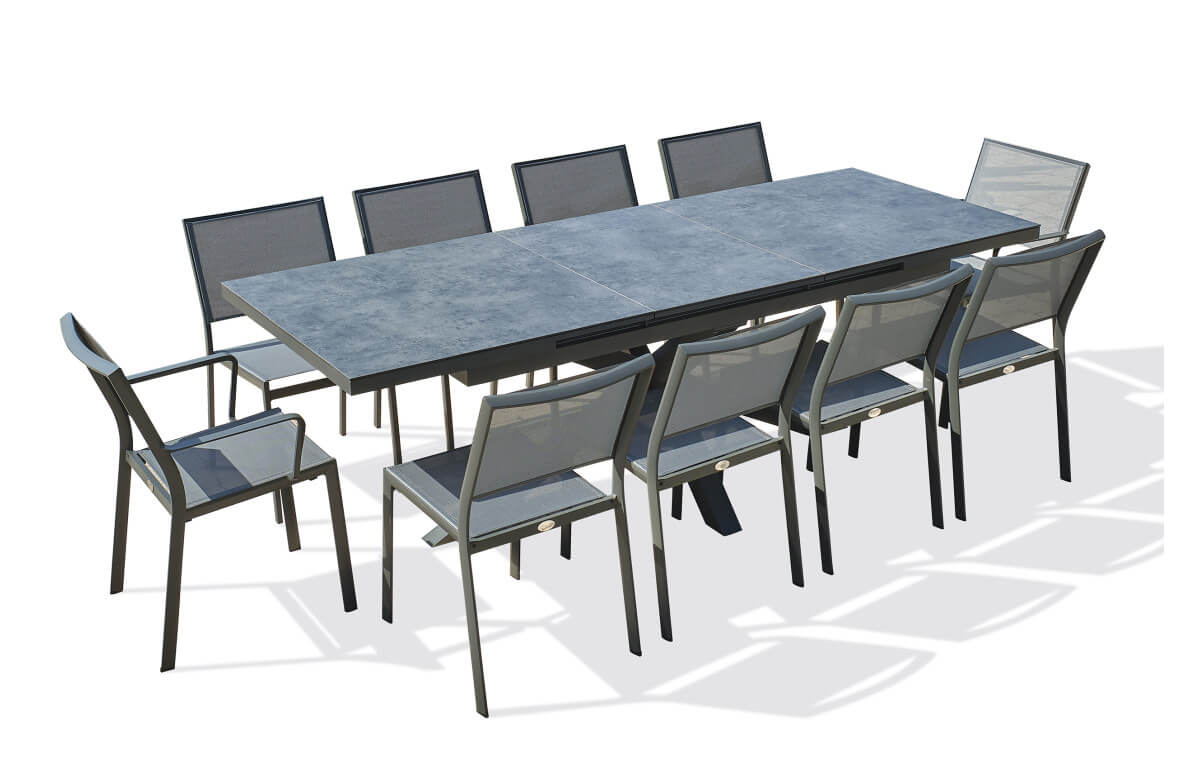 Ensemble table de jardin à rallonge automatique CAICOS  + 8 chaises + 2 fauteuils STOCKHOLM  DCB GARDEN Gris Anthracite