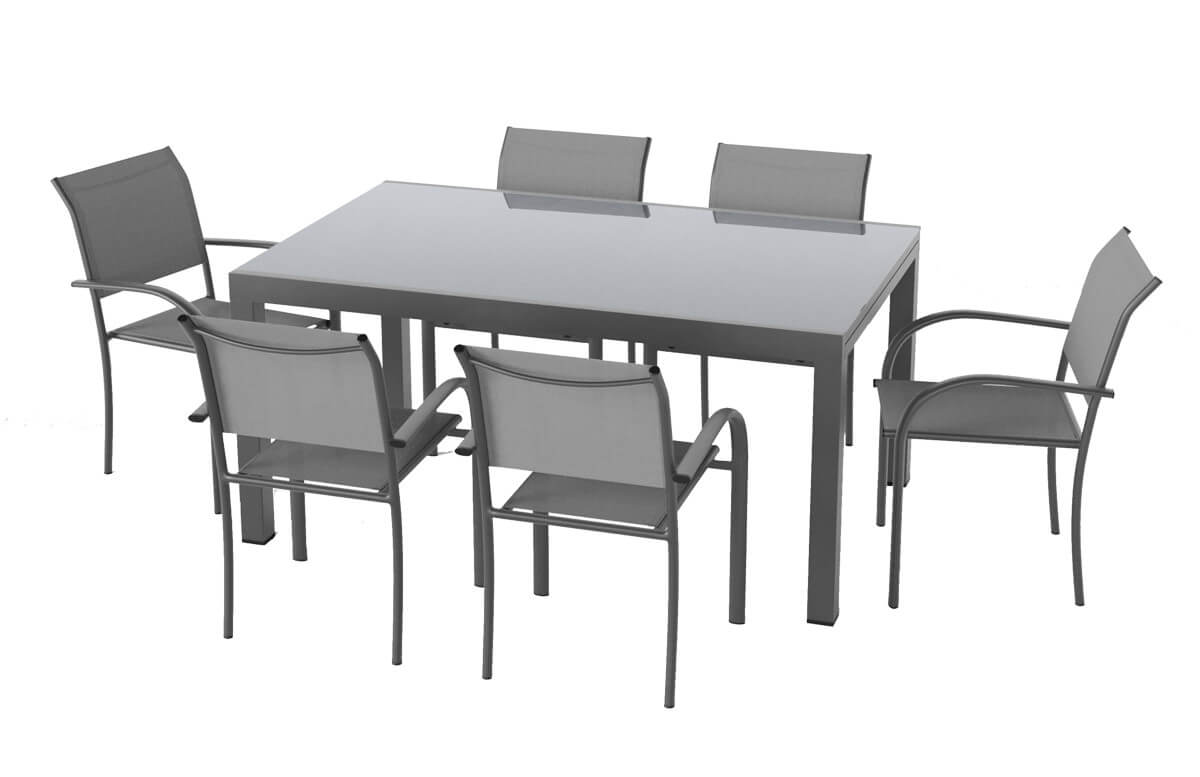 Ensemble table extensible en verre Fidji et fauteuils de jardin Lavezzi en aluminium anthracite 6 personnes - Essenciel Green Ensemble table extensible en verre Fidji et fauteuils de jardin Lavezzi en aluminium anthracite 6 personnes - Essenciel Green