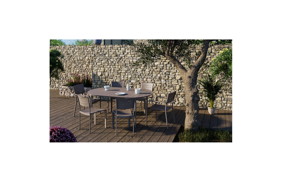 Ensemble table ovale Inari en aluminium et fauteuils de jardin Inari en aluminium 6 personnes taupe - Essenciel Green Ensemble table ovale Inari en aluminium et fauteuils de jardin Inari en aluminium 6 personnes taupe - Essenciel Green