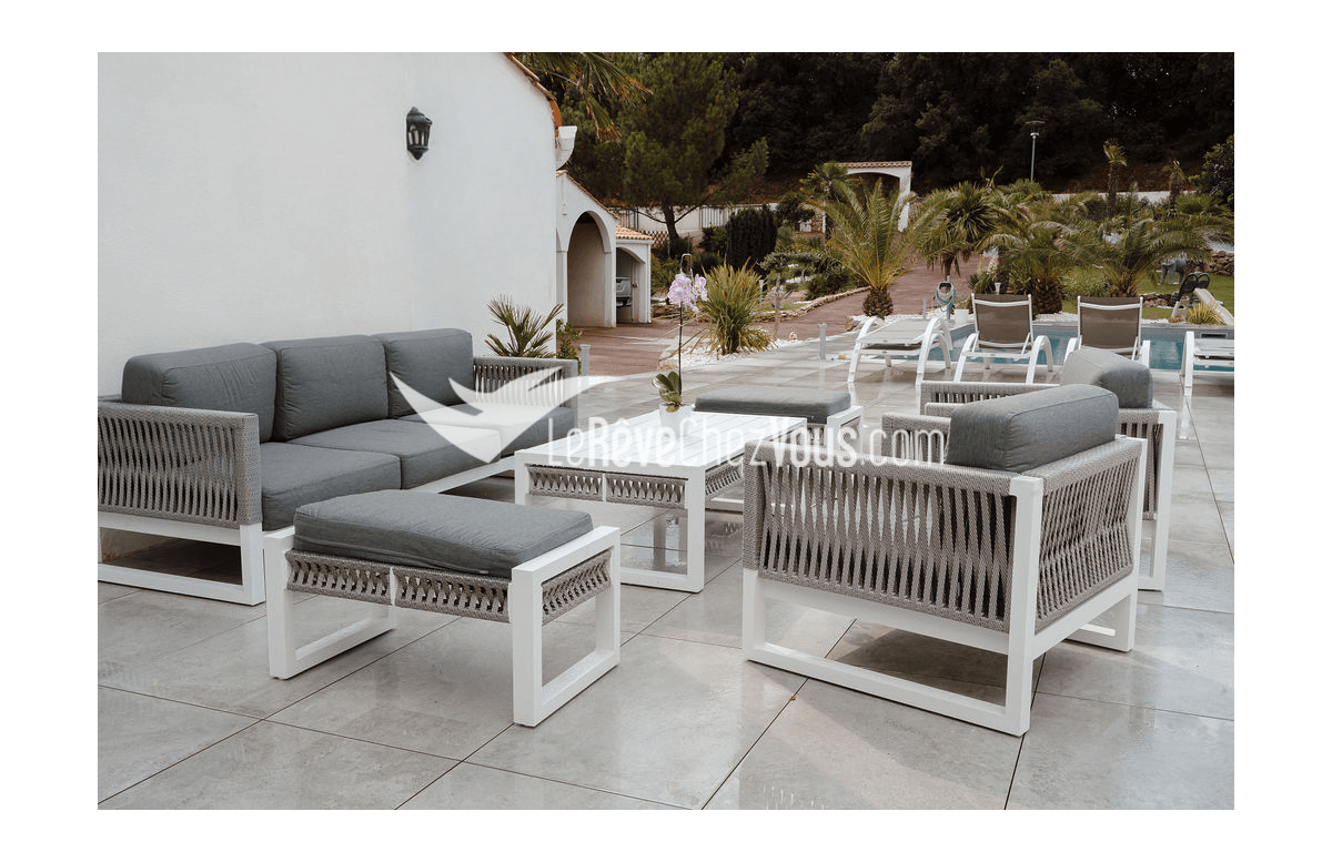 Salon de jardin bas 7 personnes en aluminium, dralon et cordage - Monterrey - Hevea