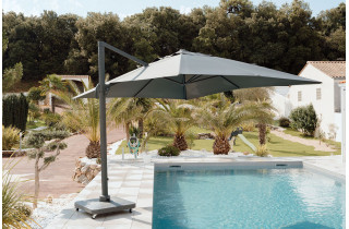 Lot parasol de jardin déporté 3 x 4 M Rana DELORM inclinable et UPF 50+ et dalle sur roulettes 110 kg