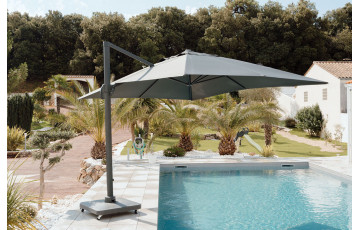 Lot parasol de jardin déporté 3 x 4 M Rana DELORM inclinable et UPF 50+ et dalle sur roulettes 110 kg