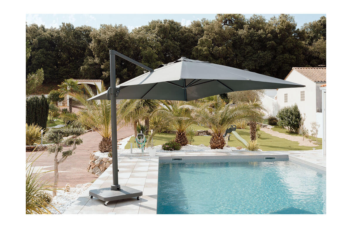 Lot parasol de jardin déporté 3 x 4 M Rana DELORM inclinable et UPF 50+ et dalle sur roulettes 110 kg