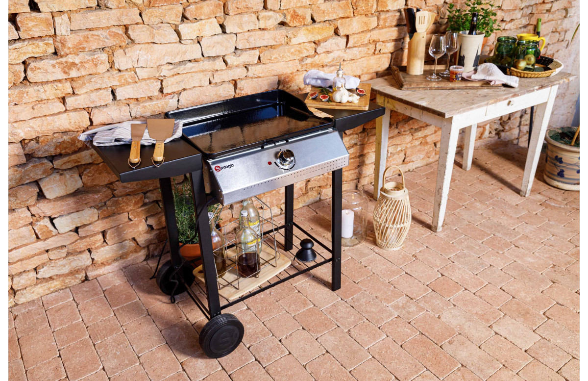 Plancha électrique sur chariot Somagic Capbreton fabriquée en France avec plaque de cuisson en fonte émaillée