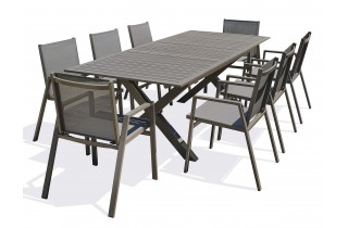 Lot composé d'une table de jardin FLORIDE-TB240-ALU-Q avec rallonge et de 8 fauteuils FLORIDE-FT-QUARTZ empilables