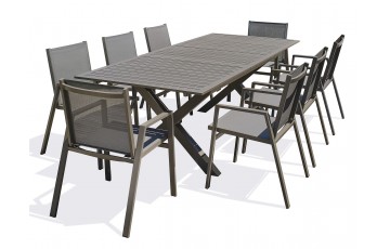 Lot composé d'une table de jardin FLORIDE-TB240-ALU-Q avec rallonge et de 8 fauteuils FLORIDE-FT-QUARTZ empilables