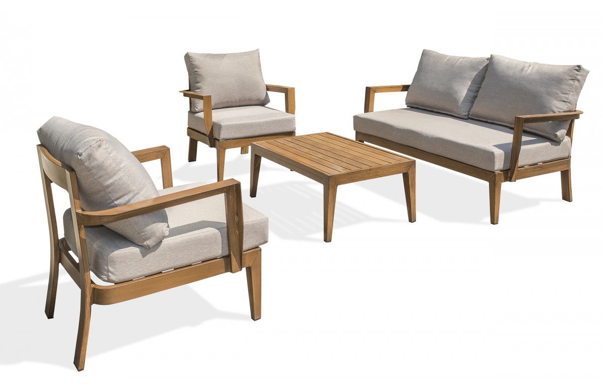 Salon bas de jardin PORTOFINO 4 places en aluminium effet bois - MARRON