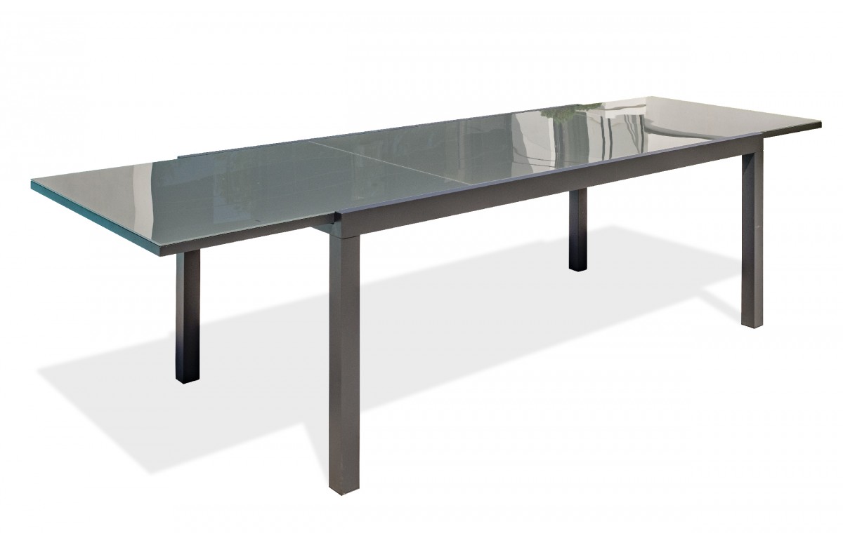 Table de jardin TOLEDE (200/300x100 cm) en aluminium et plateau verre avec rallonge intégrée - GRIS ANTHRACITE