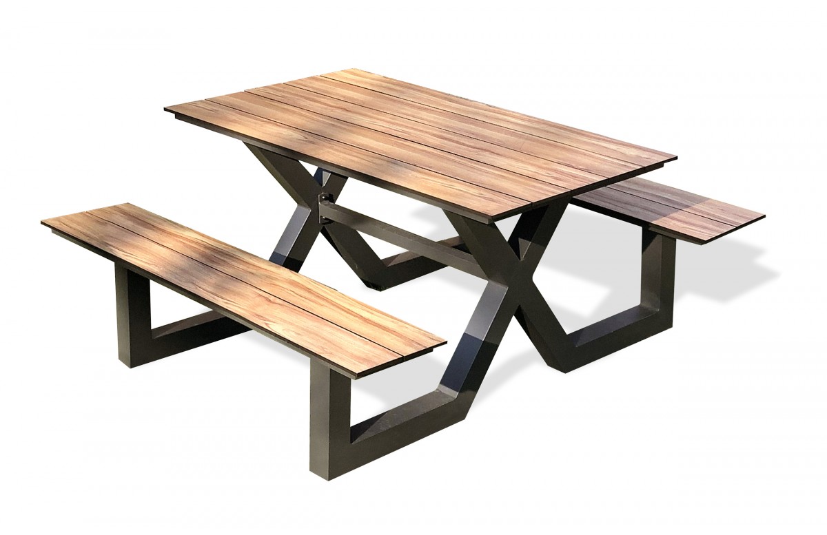Table de jardin avec bancs VANCOUVER (150x164 cm) en aluminium et HPL effet bois - GRIS ANTHRACITE