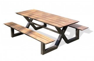 Table de jardin avec bancs VANCOUVER (210x174 cm) en aluminium et HPL effet bois - GRIS ANTHRACITE