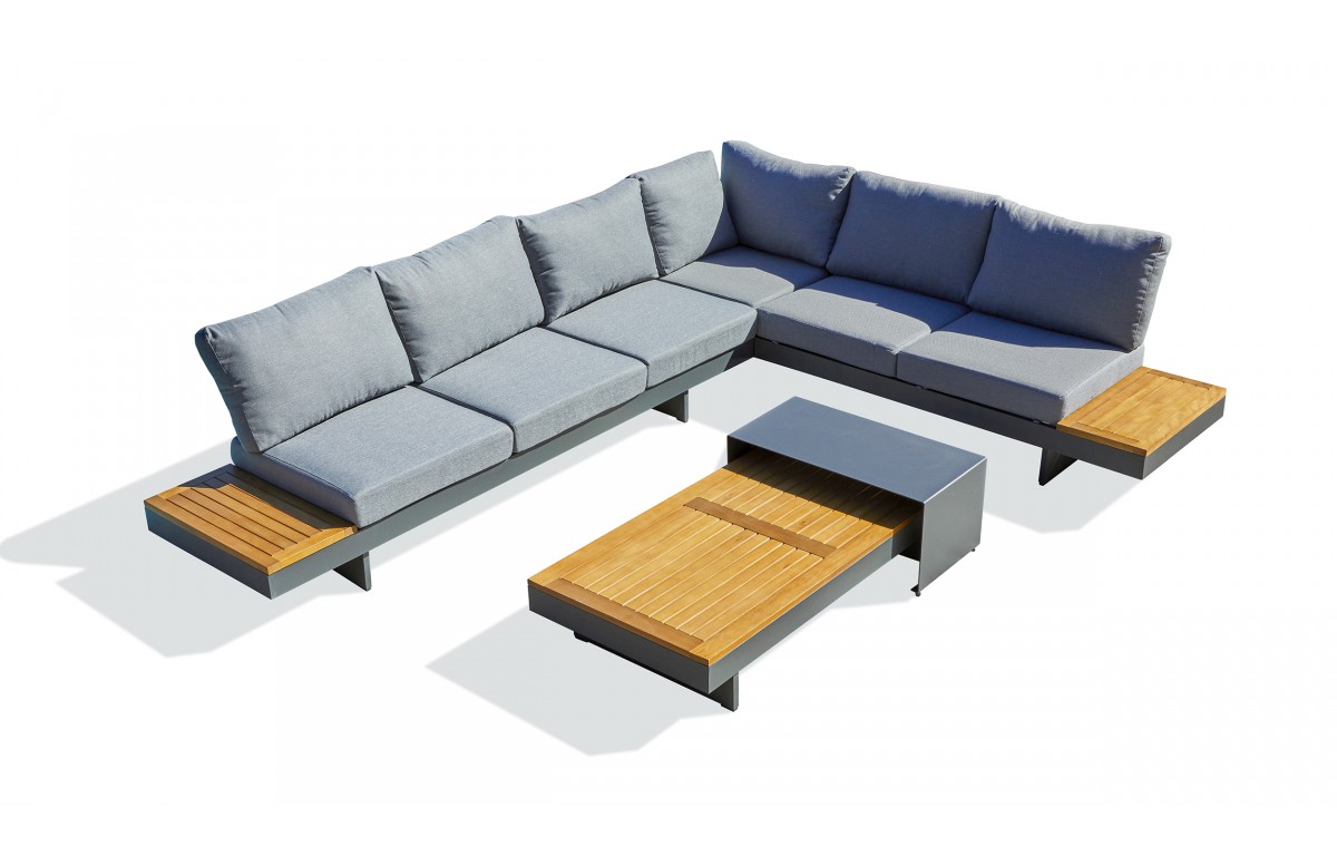Salon de jardin d'angle VANUATU 6 places en bois d'acacia et aluminium - GRIS ANTHRACITE