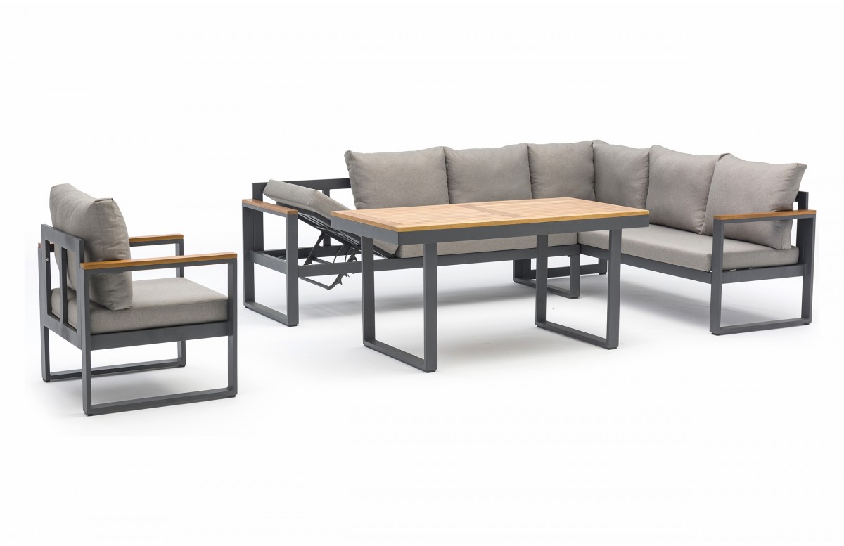Ensemble repas de jardin YONAHA 7 places en aluminium et acacia - GRIS ANTHRACITE