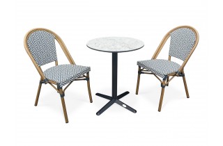 Lot composé d'une table de jardin BISTRO-TB60-HPL-MB et de 2 fauteuils BISTRO-FT-TEX-BLEU empilables