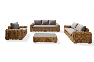 Salon bas de jardin BORABORA 6 places en résine tressée ronde - MARRON