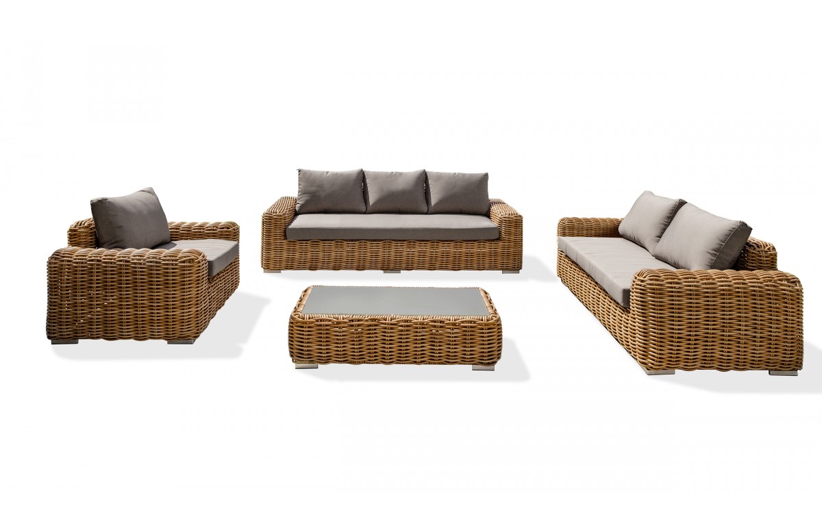 Salon bas de jardin BORABORA 6 places en résine tressée ronde - MARRON