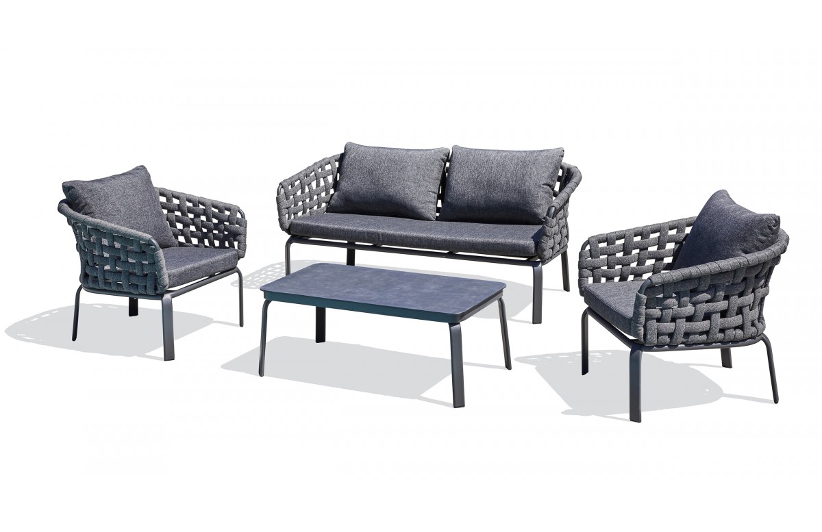 Salon bas de jardin CAMARGUE 4 places en corde tissée et aluminium - GRIS ANTHRACITE