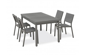 Lot composé d'une table de jardin DANIA-TB210-STONE-N avec rallonge et de 4 chaises STOCKHOLM-CH empilables