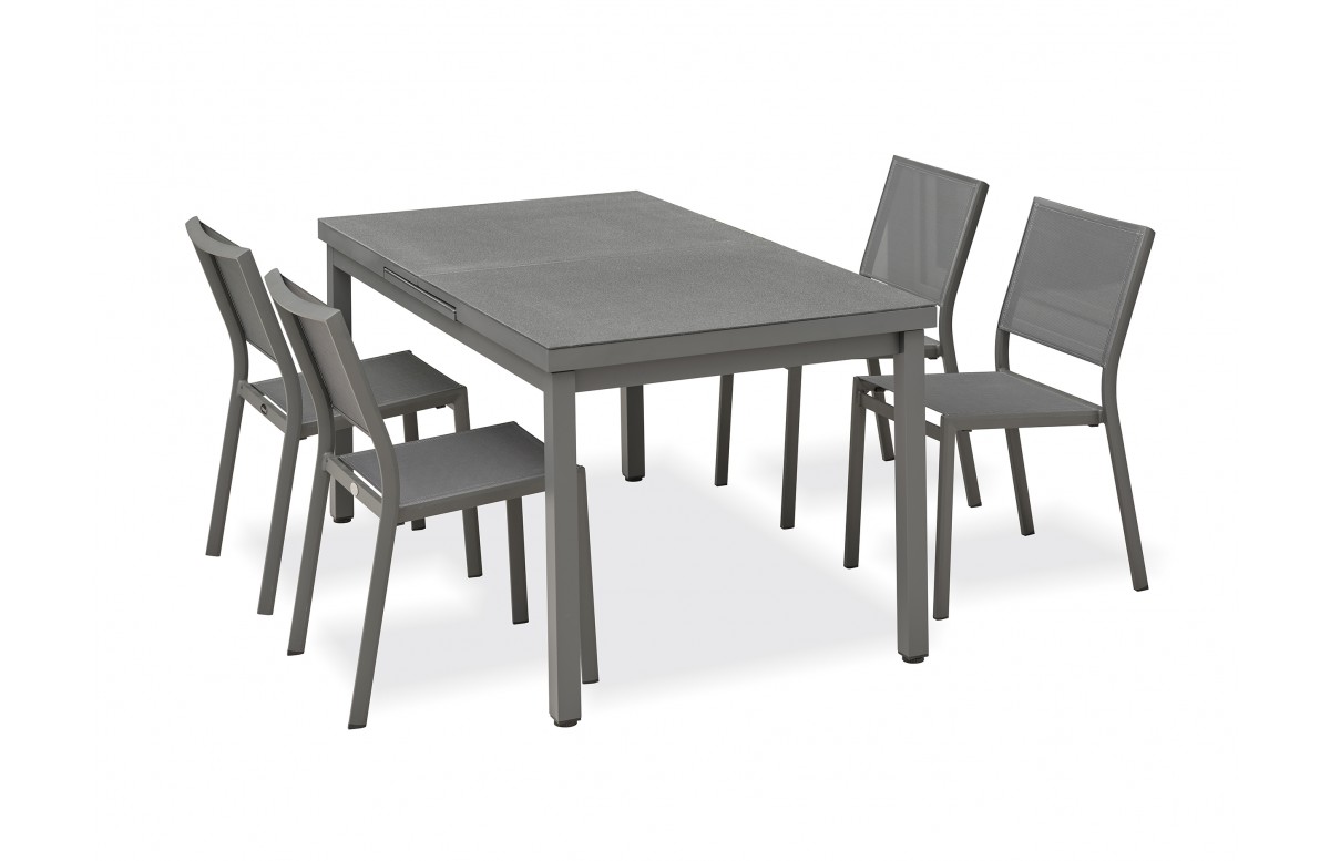 Lot composé d'une table de jardin DANIA-TB210-STONE-N avec rallonge et de 4 chaises STOCKHOLM-CH empilables