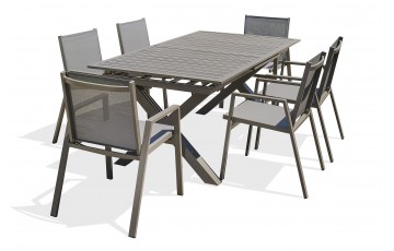 Lot composé d'une table de jardin FLORIDE-TB240-ALU-Q avec rallonge et de 6 fauteuils FLORIDE-FT-QUARTZ empilables