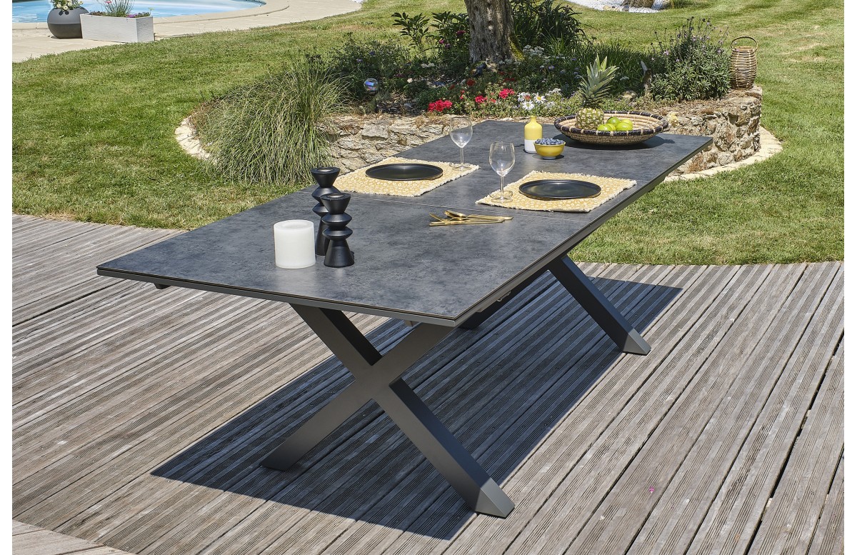 Lot composé d'une table de jardin FLORIDE-TB240-CER-AN avec rallonge et de 6 fauteuils FLORIDE-FT-GRISANTH empilables