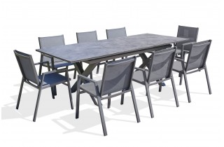 Lot composé d'une table de jardin FLORIDE-TB240-CER-AN avec rallonge et de 8 fauteuils FLORIDE-FT-GRISANTH empilables