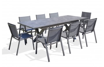 Lot composé d'une table de jardin FLORIDE-TB240-CER-AN avec rallonge et de 8 fauteuils FLORIDE-FT-GRISANTH empilables