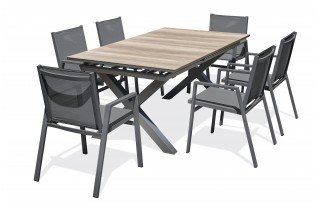 Lot composé d'une table de jardin FLORIDE-TB240-HPL-AW avec rallonge et de 6 fauteuils FLORIDE-FT-GRISANTH empilables