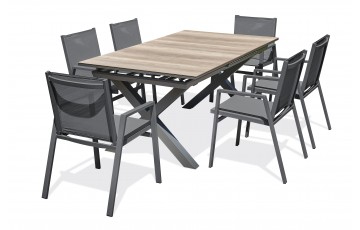 Lot composé d'une table de jardin FLORIDE-TB240-HPL-AW avec rallonge et de 6 fauteuils FLORIDE-FT-GRISANTH empilables