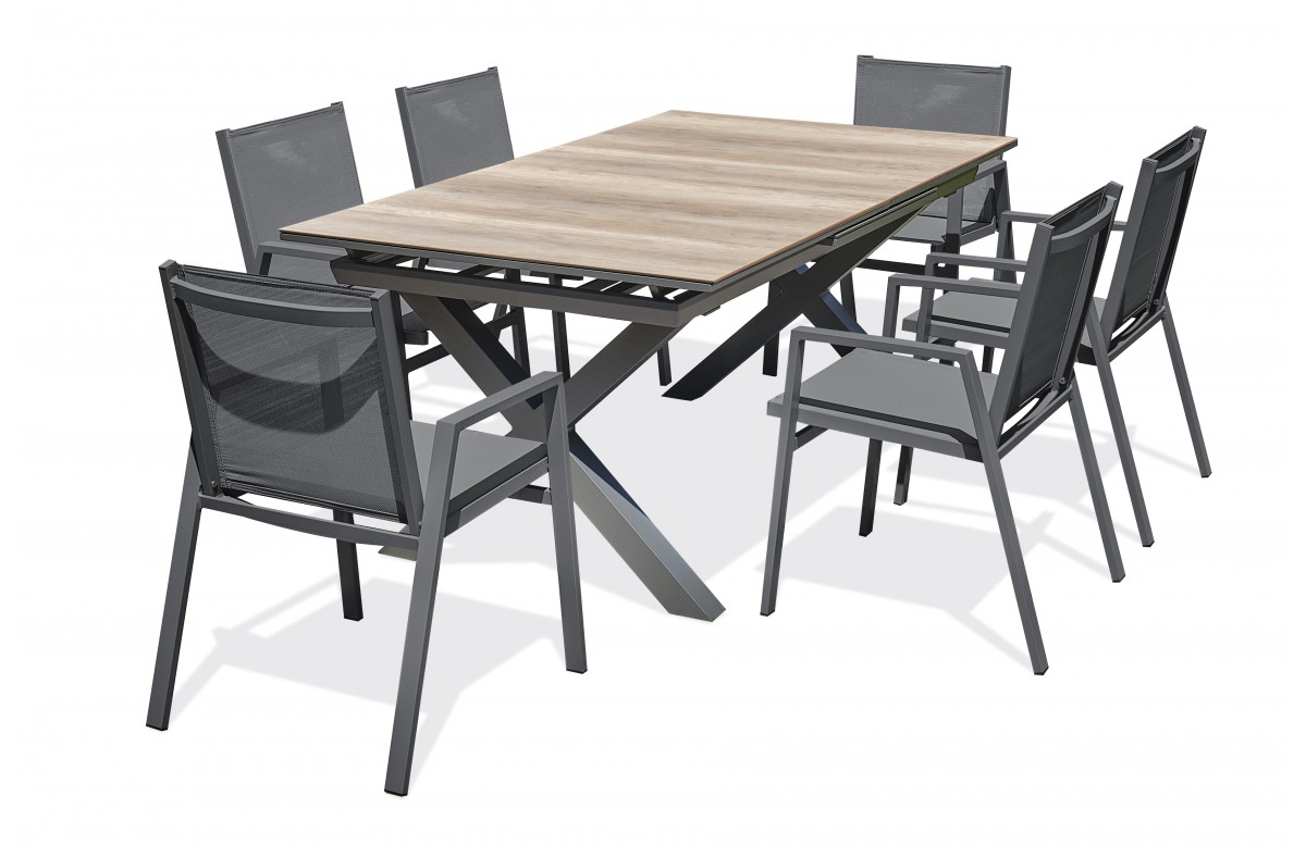 Lot composé d'une table de jardin FLORIDE-TB240-HPL-AW avec rallonge et de 6 fauteuils FLORIDE-FT-GRISANTH empilables